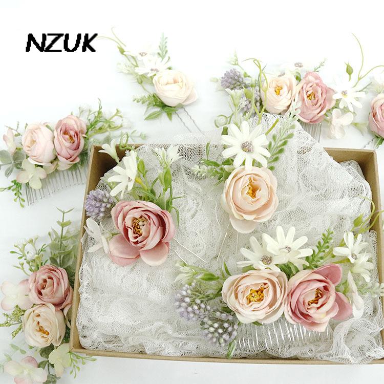 Nzuk Handgemaakte Bruiloft Haar Sieraden Bruids Haar Kam Dusty Rose Bloemen Hoofddeksel Accessoires Peigne Cheveux Mariage