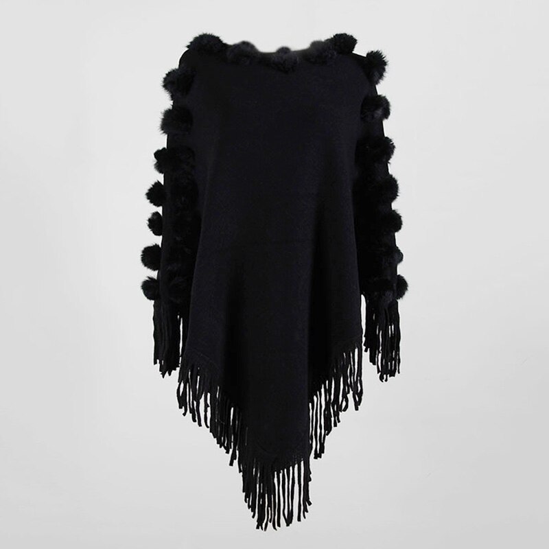 Dam cape kappa tofs stickad poncho lös pullover tröja kappa sjal höst vinter toppar kvinnliga solida ponchos med hårboll
