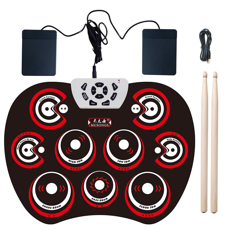 Portable Electronics Drum Set Roll Up Kit 9 Silicone Pads USB Powered with Foot Pedals Drumsticks Cable: Red Pac-Man