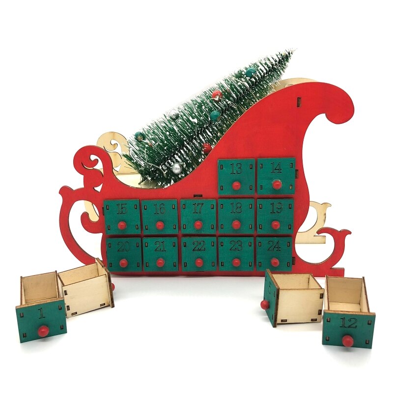 Tree House Sleigh Wooden Advent Calendar Countdown Christmas Party Decor 24 Drawers with LED Light Ornament: Red