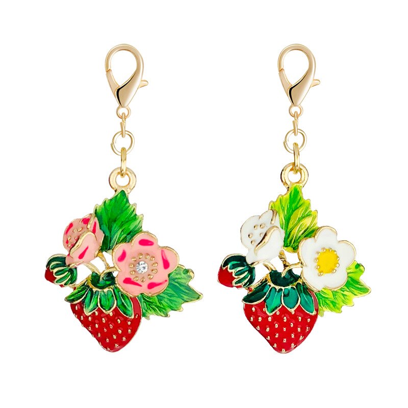 Diy koreansk stil ornament tilbehør legering farve olie jordbær nøglering vedhæng friske små ornamenter taske tilbehør