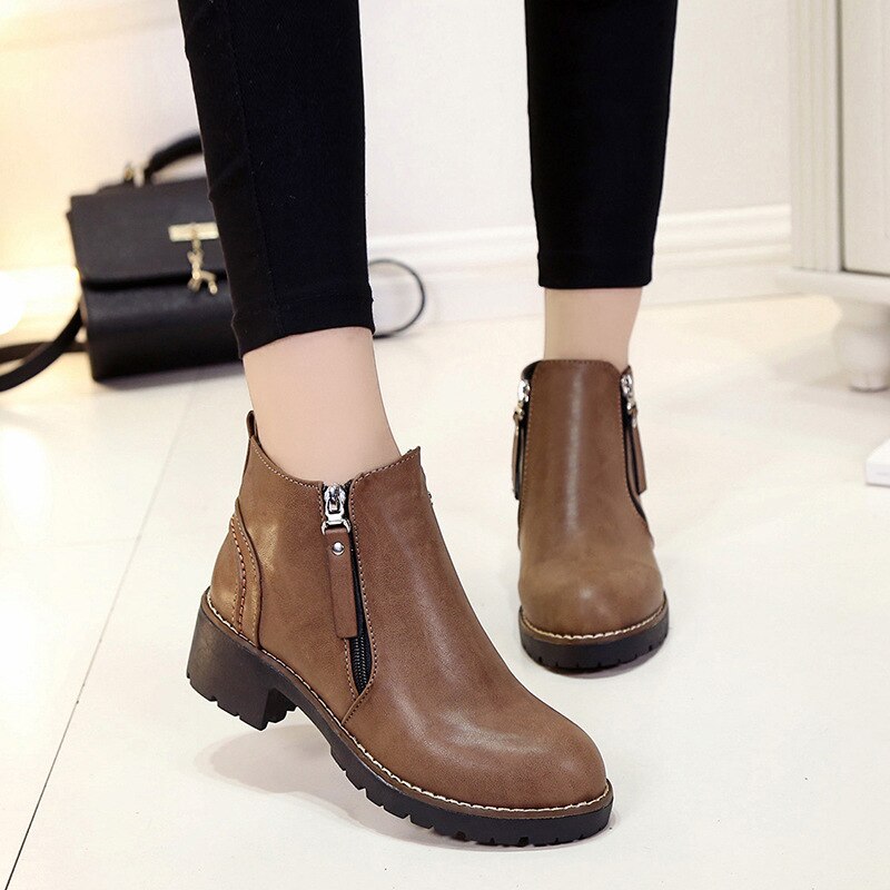 Bottes d'hiver cheville zippée femmes chaussures Martin bottes chaussures de loisir à la femme talon carré Med (3cm-5cm) bout rond plate-forme chaussures