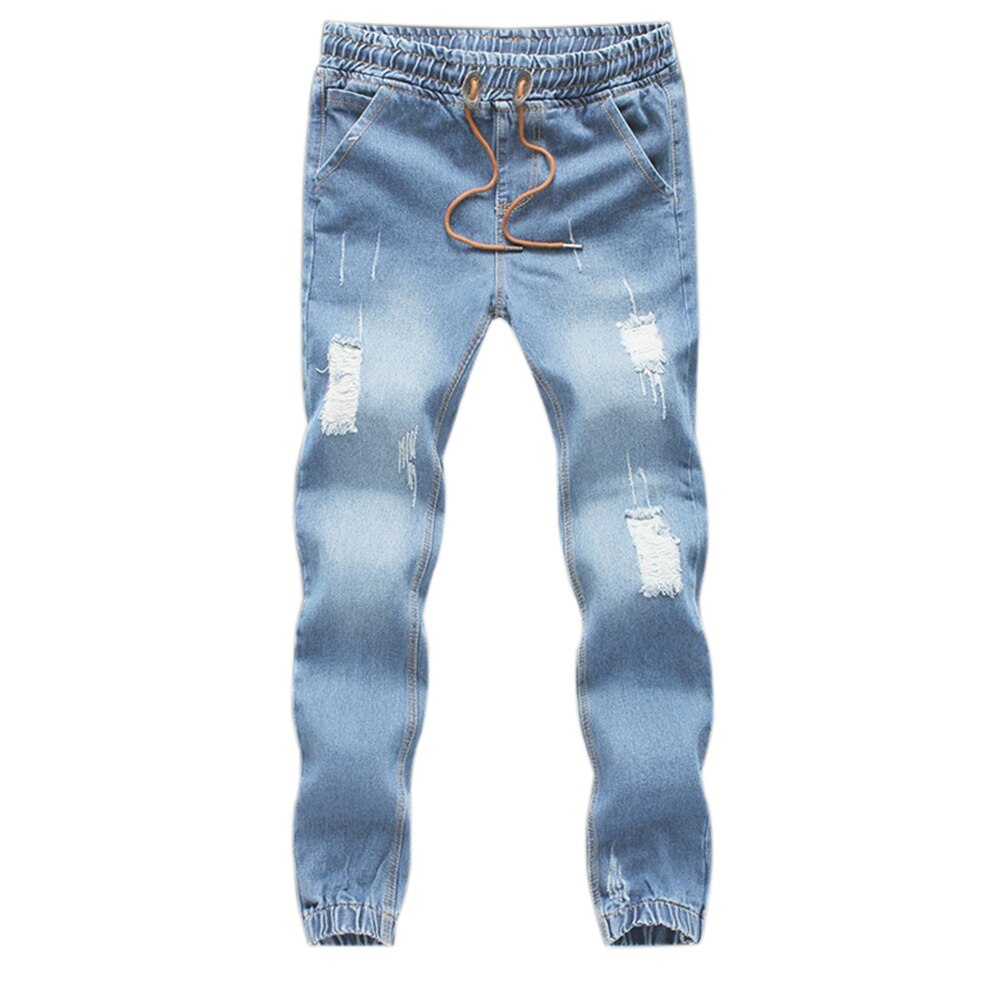 Men Jeans Drawstring Slim Fit Denim Ankle Length Casual Pants