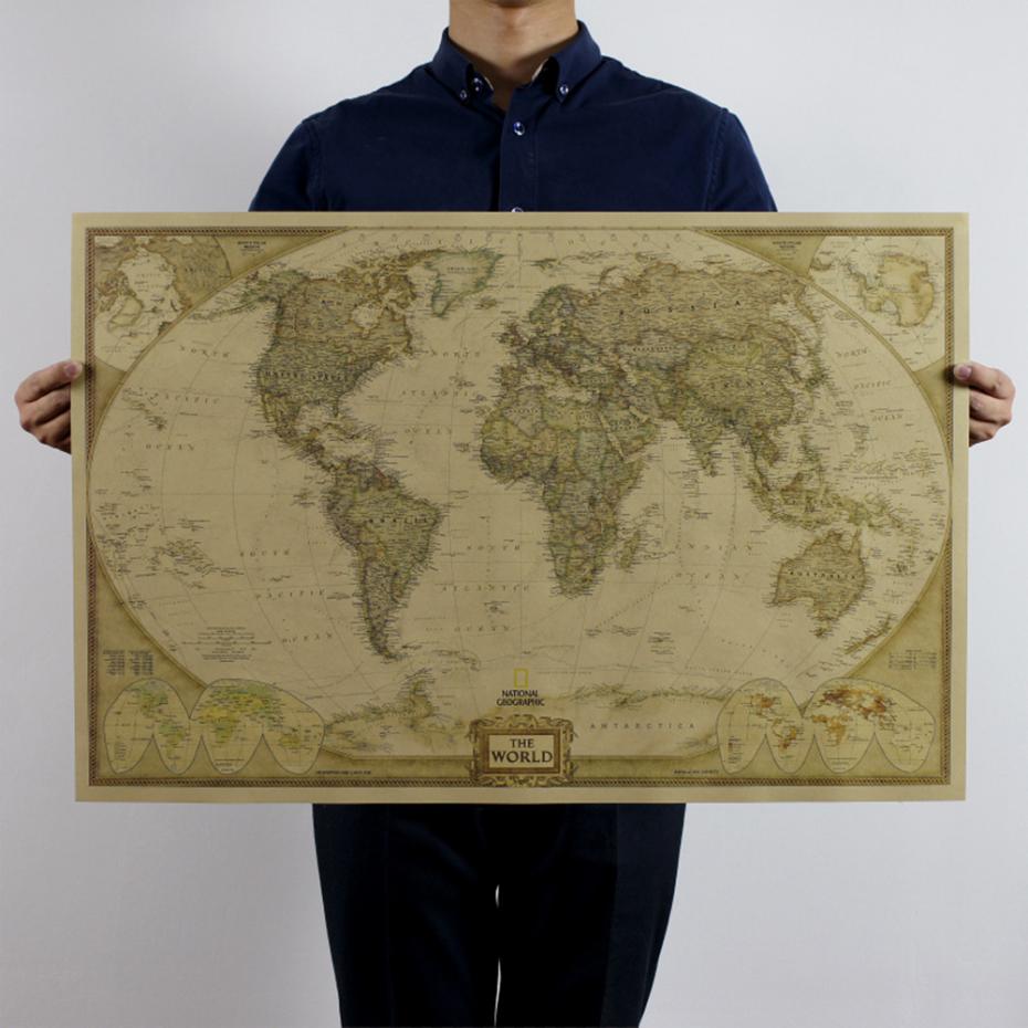 Mapa del mundo Vintage grande, 72x48cm, suministros de oficina, mapa antiguo detallado del mundo, póster, tabla de pared, papel Retro, Papel Kraft mate