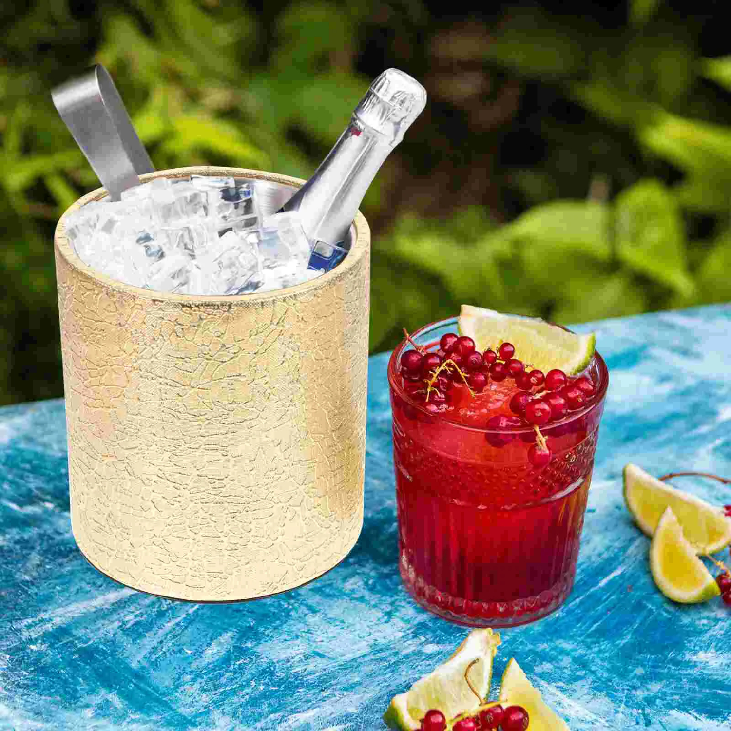 Champagne Bottle in Ice Bucket with Metallic Shine on Blue Background Stock Illustration