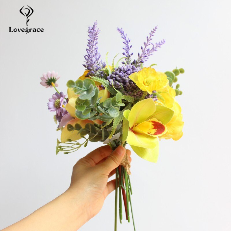 Lovegrace bröllopsbukett brudbukett konstgjord siden ros blomma pion orkidé hortensia lavendel daisy gul bröllop leverans