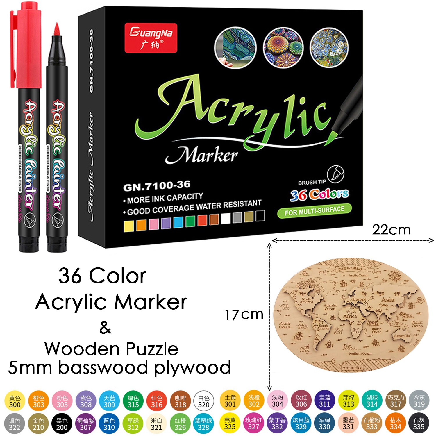 36 Color Sketching Markers, Acrylic Marker for Painting, Acrylic Paint Pen, Brush Art Marker for Fabric Canvas, Rock Painting: 36 Pens-Map Jigsaw