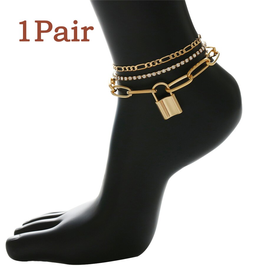 Punk Lover Lock Pendant Crystal Chain Anklet Bracelet Women Adjustable Luxury Rhinestone Thin Link Barefoot Sandals Foot Jewelry: Gold 1Pair