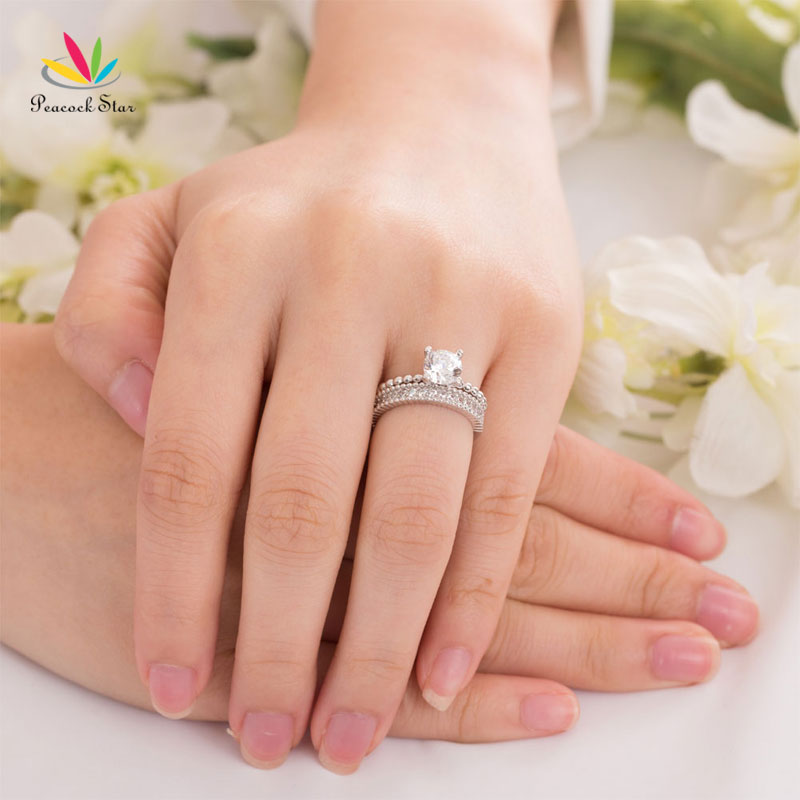 Peacock Star Solid 925 Sterling Silver 2-Pcs Wedding Engagement Ring Set 1 Ct Created Diamante Jewelry CFR8276