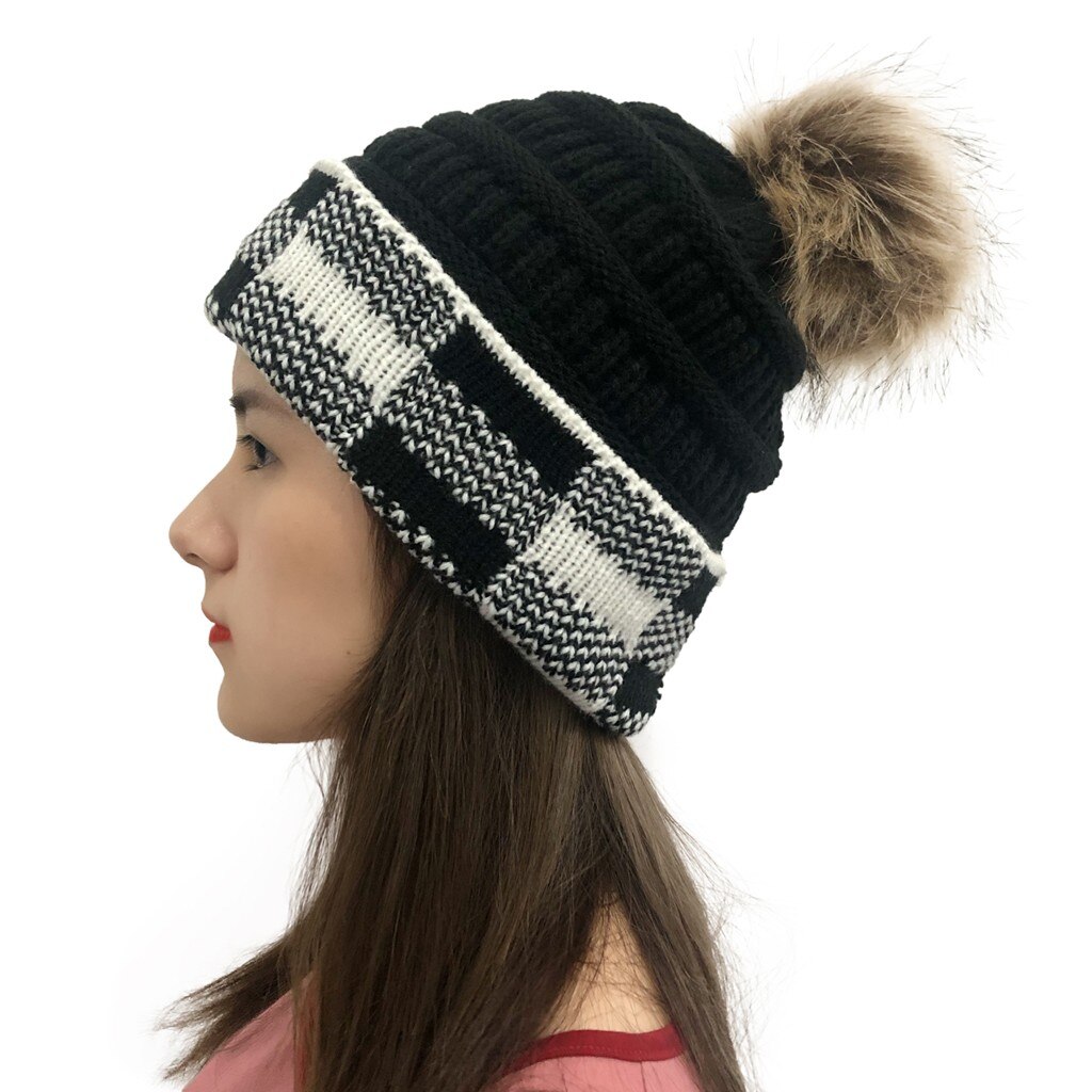 Kvinder vinter hat afslappet plaid hatte syning udendørs plys hatte hæklet strik beanie hat vinter hatte til mænd bjergbestigning hat: C