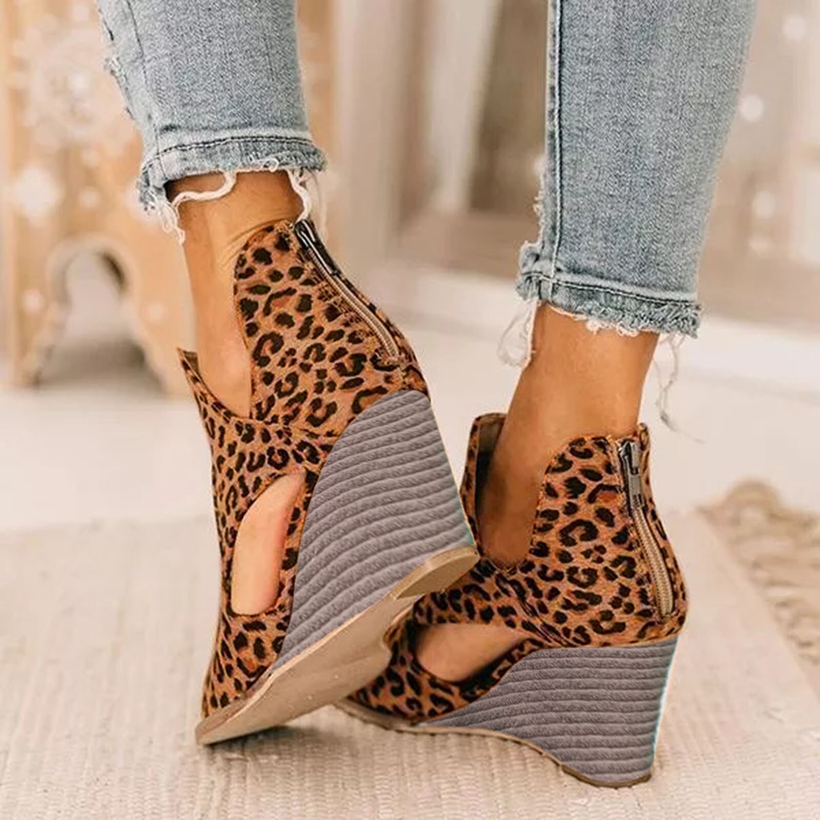 Supérieure Léopard Confortable Bohème Compensées Femmes Sandales Pour Dames Chaussures Haute Plate-Forme À Bout Ouvert Grande Taille
