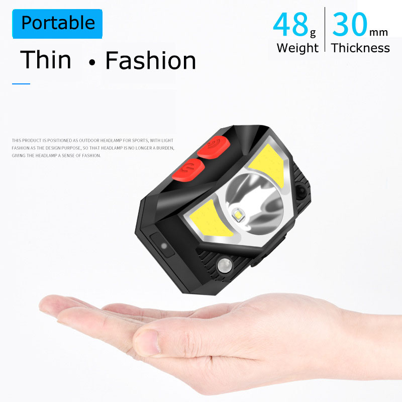 Usb genopladelig lommelygte cob led-lommelygte med sensor, pandelampe med 6 lystilstande og indbygget batteri