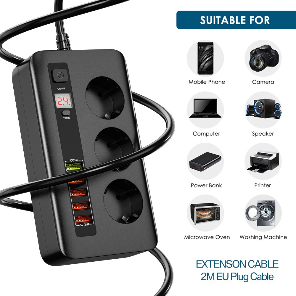 Multiprise USB QC3.0 avec 3 prises EU, Station de Charge rapide pour ordinateur portable, iPhone, Samsung