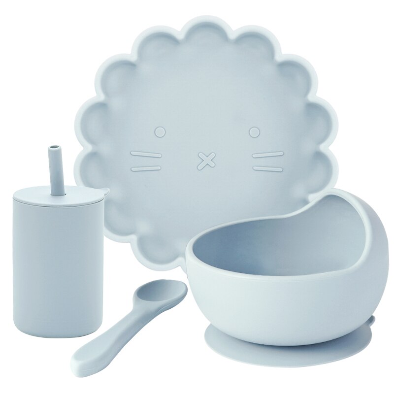 Juego de comida de entrenamiento para niños, cuenco de alimentación para bebé, plato de succión vajilla de silicona de grado alimenticio, taza de paja, artículos para bebé, 4 Uds.: 006B-grey blue