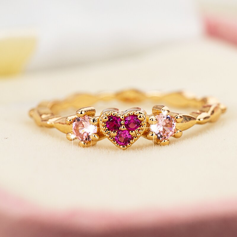 Goud Kleur Koperen Hartvormige Trouwringen Voor Vrouwen Leuke Cubic Zirconia Engagement Ring Sieraden Accessoires