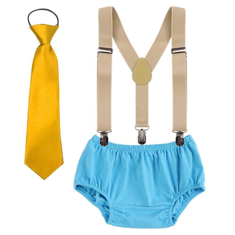 Vêtements pour bébé garçon et fille, tenue de fête d'anniversaire, short à bretelles et cravate, mignon, 3 pièces, pour séance Photo: Sky Blue F