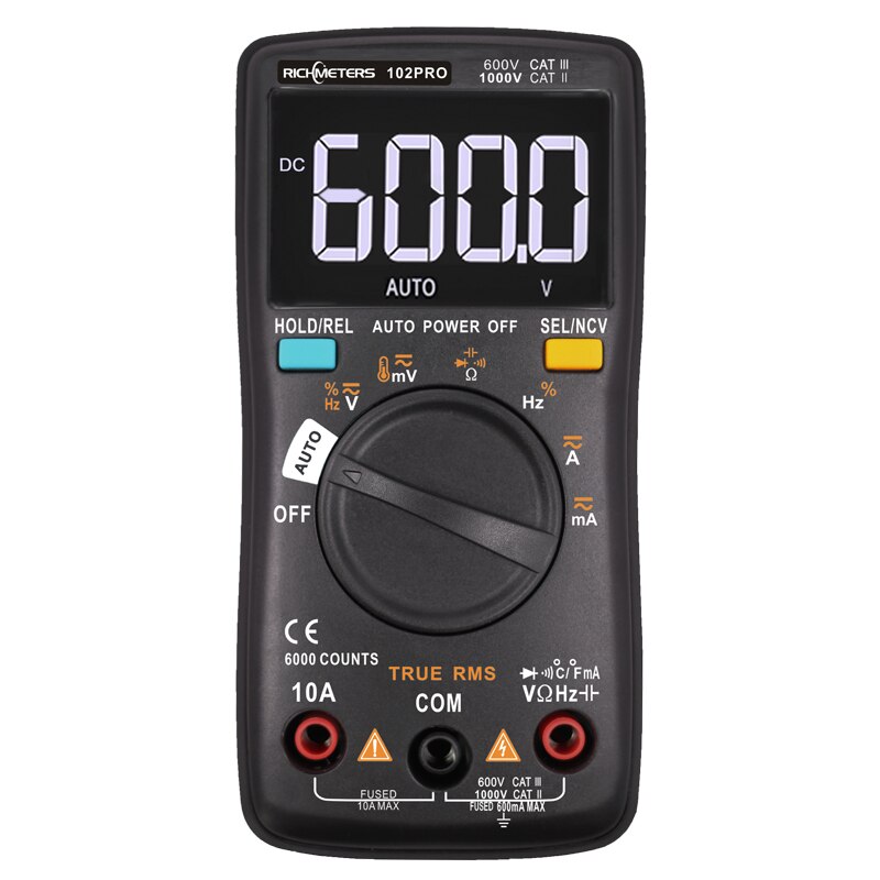 RICHMETERS 102 Multimeter 6000 counts Back light AC/DC Ammeter Voltmeter Ohm Frequency Diode Temperature: RM102 pro