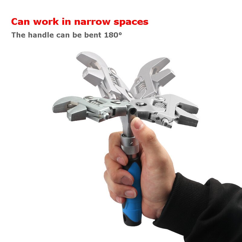 10-inch Ratchet Adjustable Wrench 5-in-1 Torque Wrench Can Rotate and Fold 180 Degrees Pipe Telescopic Wrench Repair Tool