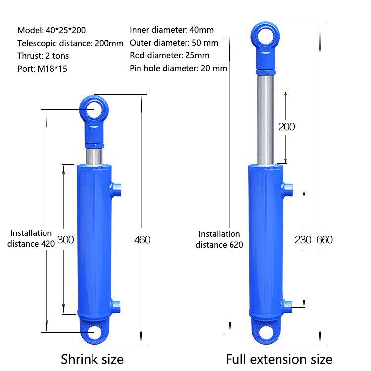 1PC 100-500mm Travels Hydraulic Oil Cylinder Heavy Duty Bidirectional Lifting Small Wood Splitter 2 Tonnage Hydraulic Ram YZ: 200mm