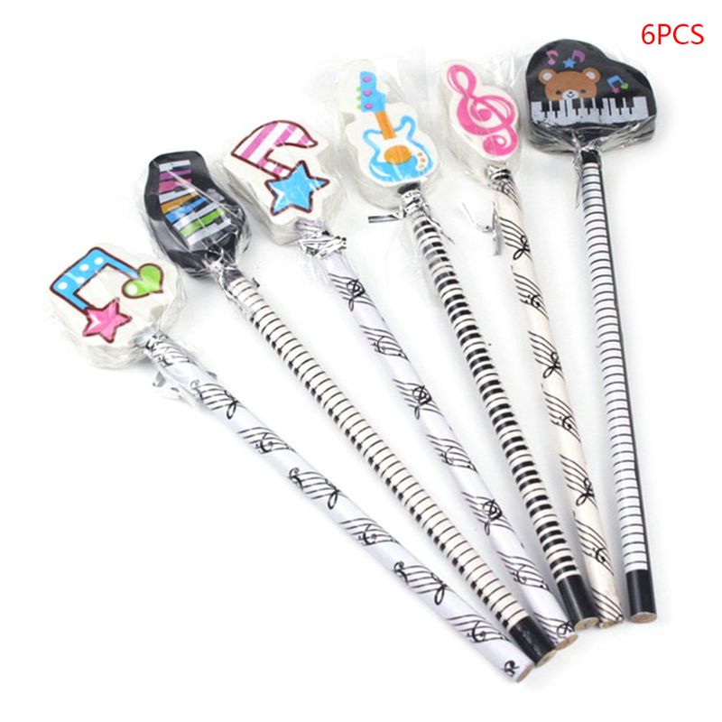 6pcs Musical Note Pencil 2B Standard Round Pencils Piano Notes Eraser Writing Drawing Tool Stationery School Student