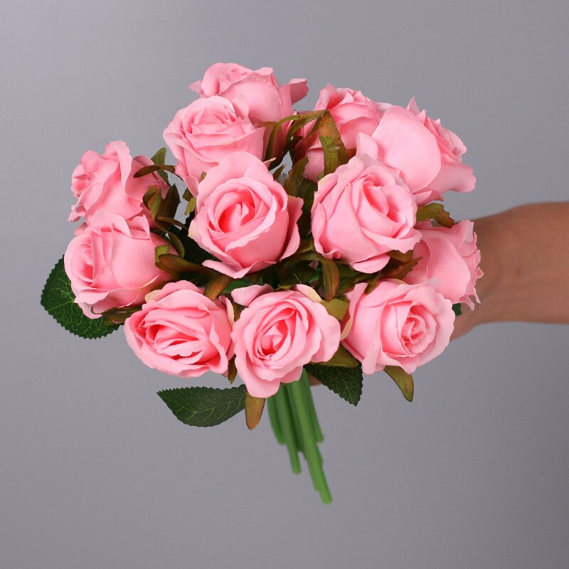 12Pcs Artificial Flowers Rose, Silk Roses Bridal Wedding 1 Bouquet Decoration Home Office Party Decor Arrangements: Pink