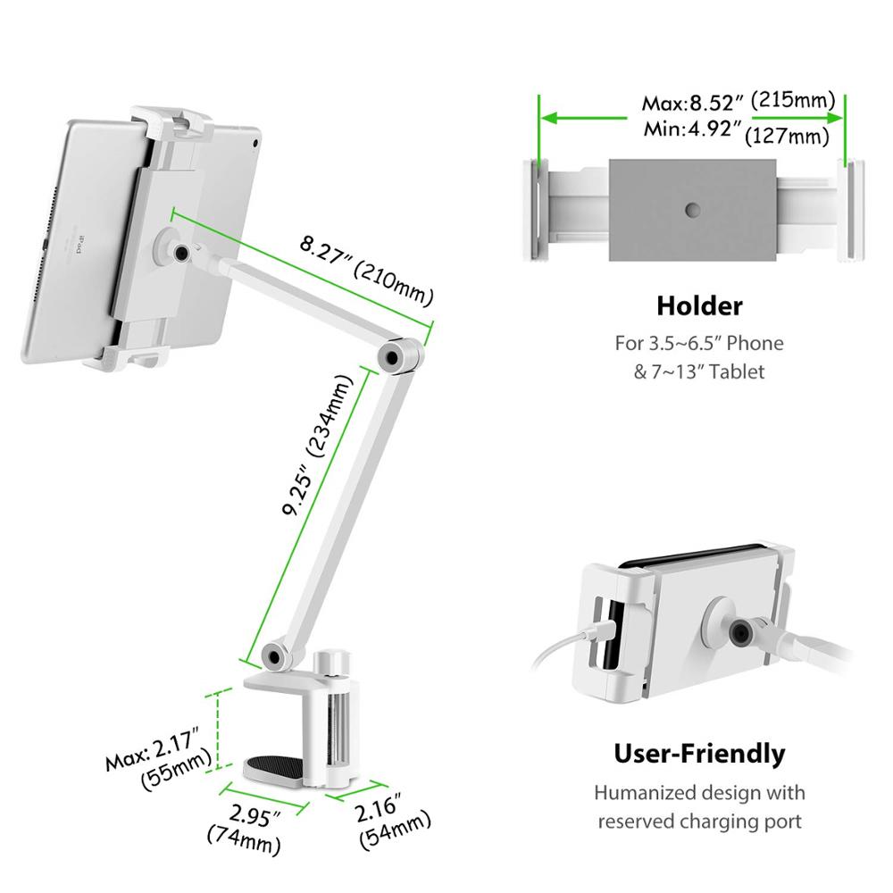 Desk Clamp Tablet Stand Aluminum Rotating Arm Adjustable Mobile Phone Holder Table Mount for 4 - 13 '' iPhone iPad