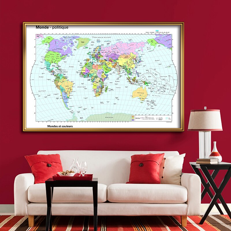 225x150cm The Political World Map In French Large Non-woven Canvas Painting School Supplies Detailed Poster Home Decoration