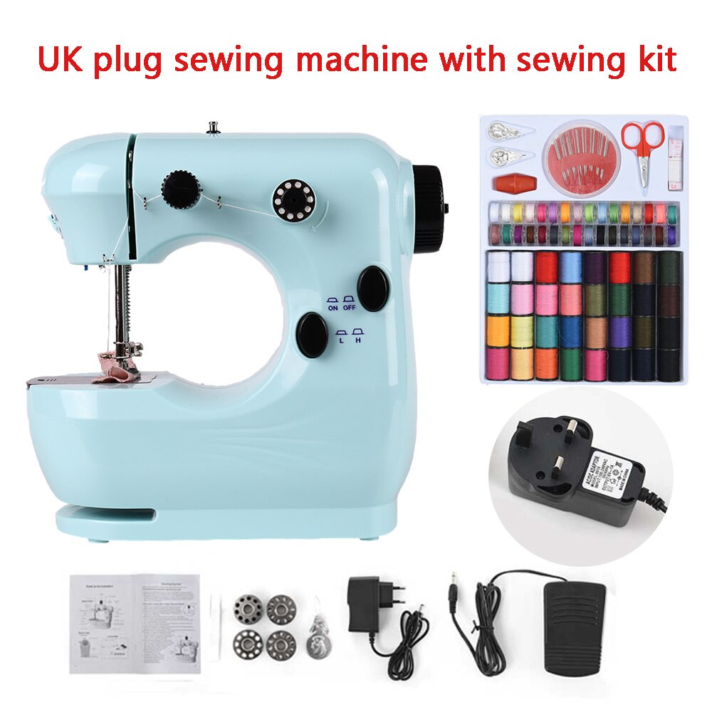 Sewing Machine Mini Portable Household Small With Night Light Pedal Electric Set Multifunctional Handicraft Repair Beginner Blue: UK plug with kit