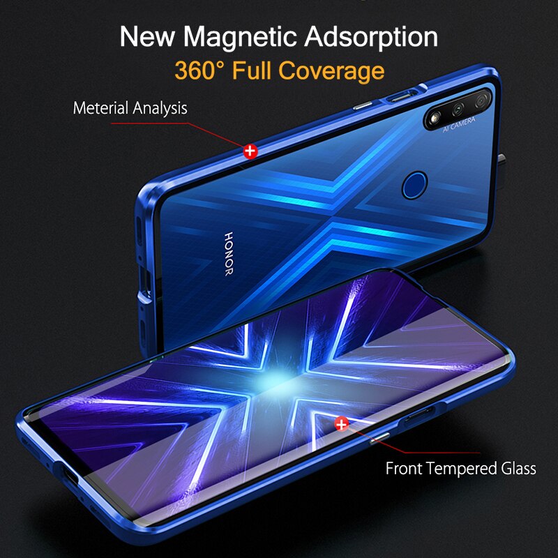 Caso magnético para huawei honor 9x STK-LX1 global 6.59 "capa de telefone de vidro temperado lado duplo em honor9x honor9x premium coque