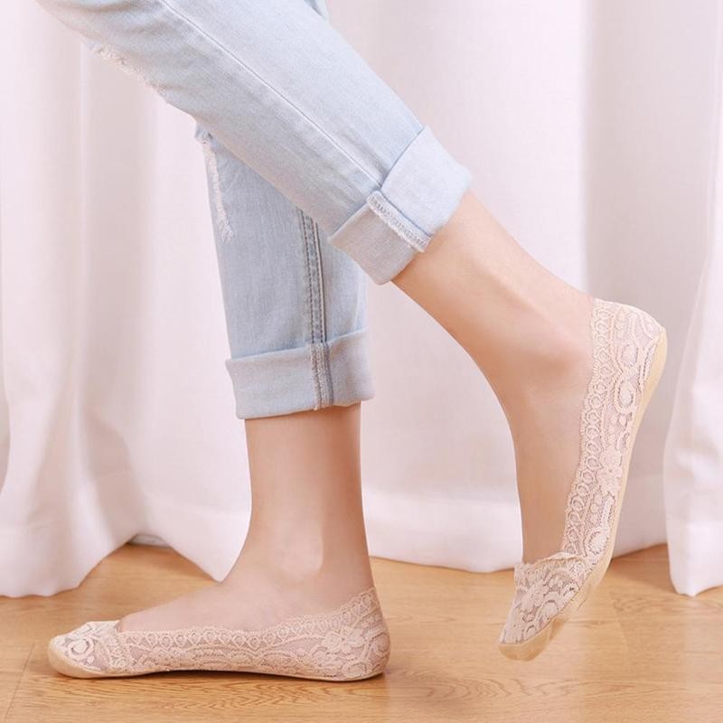 Calcetines náuticos de encaje para mujer, de silicona, antideslizantes, finos, de algodón, transpirables, cortos, florales, bordados, C6P0