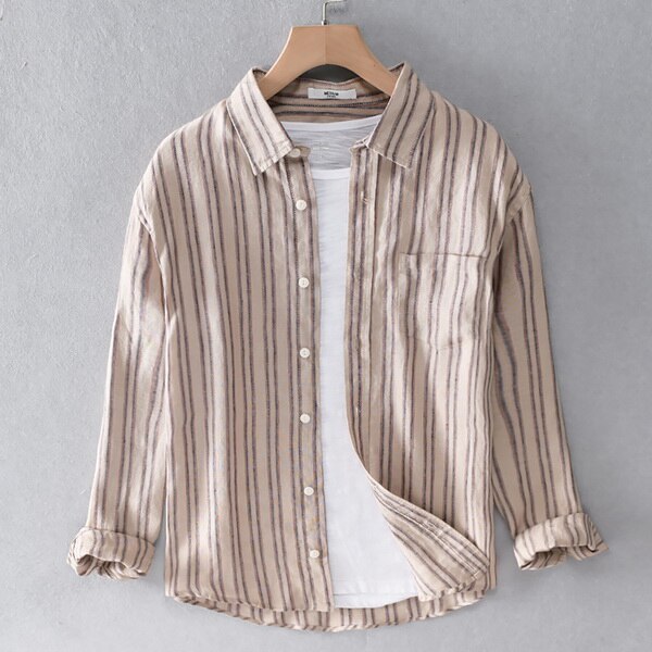 100%  linne stil randig vit skjorta herrmärke långärmade fritidsskjortor för män bekväm skjorta herr chemise toppar: Kaffe / Xl (asiatisk storlek)
