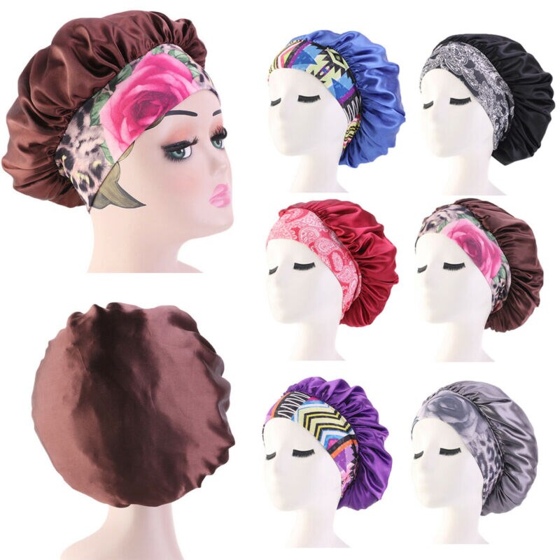 Gorro de satén para salón de belleza para mujer, gorro para dormir, gorro para el pelo, diadema ancha elástica de seda para cabello rizado