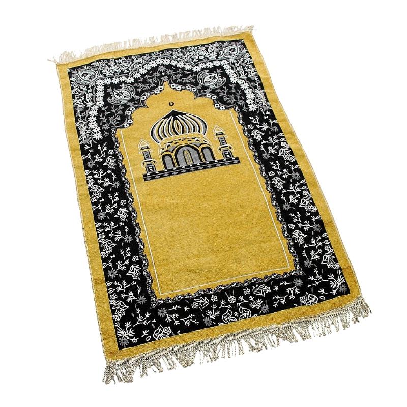 Islamic Turkish Chenille Prayer Rug Mosque Floral Pattern Portable Muslim Carpet Woven Jacquard Tassel Ramadan Mat H3CC: Yellow