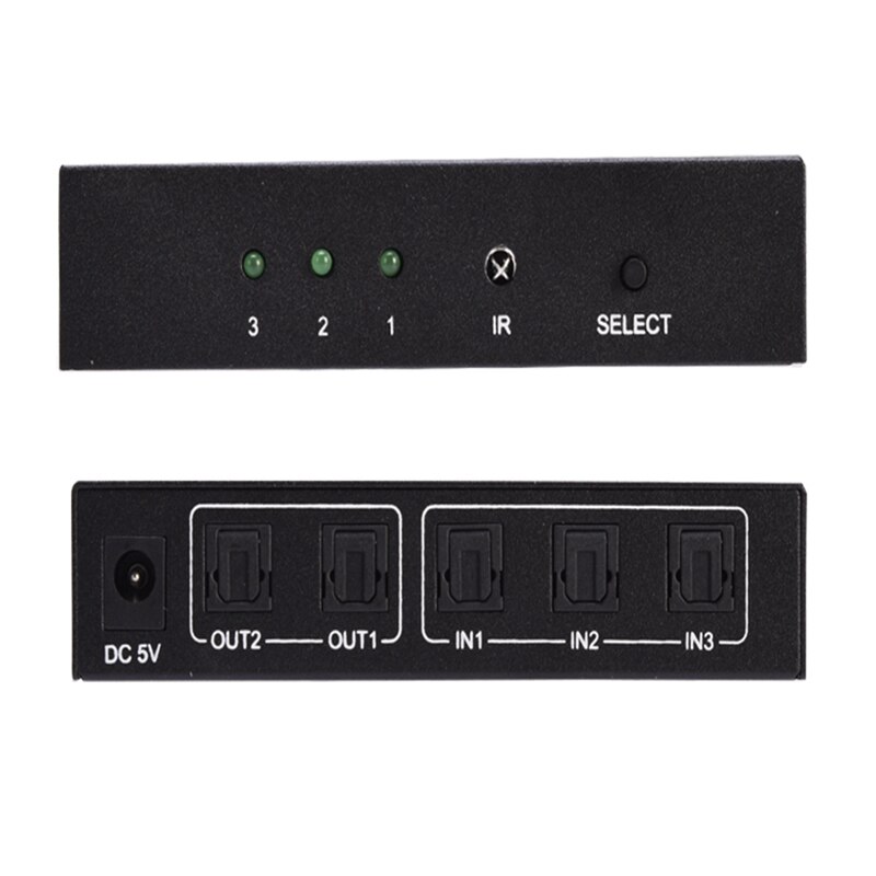Conmutador óptico de 3 puertos con divisor de Audio Digital óptico Spdif Toslink de 2 vías, 3 en 2, con interruptor de Control remoto IR