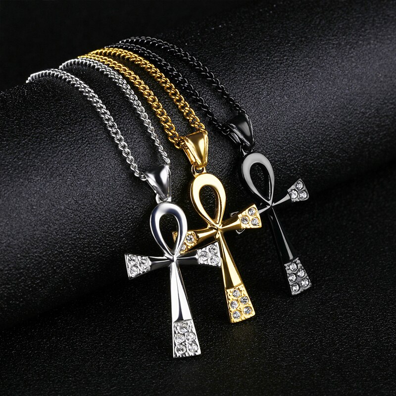Vintage Klassieke Egyptische Kruis Ketting Voor Mannen Persoonlijkheid Punk Farao Rvs Hanger Crystal Zirkoon Sieraden