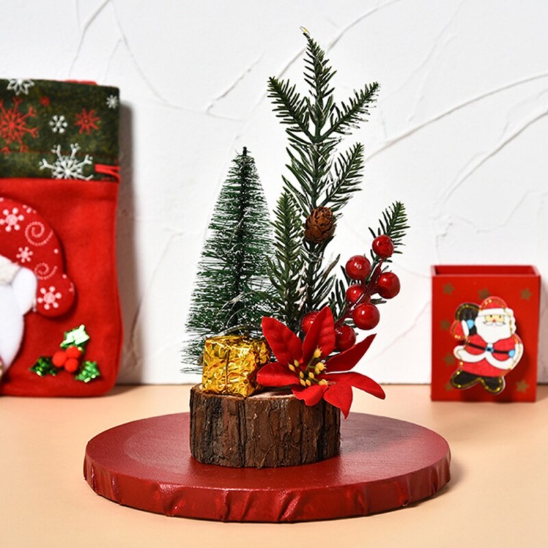 Mini Christmas Tree With Light-emitting Wooden Base Table Top Christmas Tree Pine Fruit Deer Safflower Style