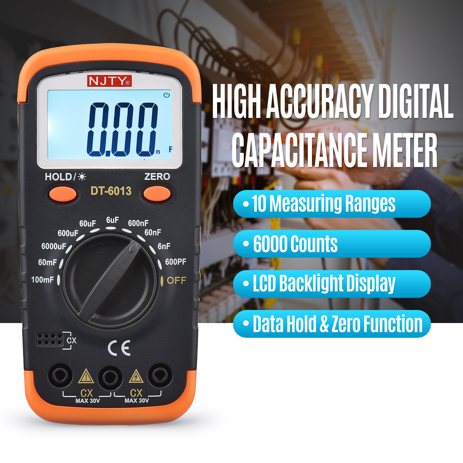 Digital Capacitance Meter with LCD Backlight Display 600pF to 100mF High Accuracy 6000 Counts Capacitor Tester Kit
