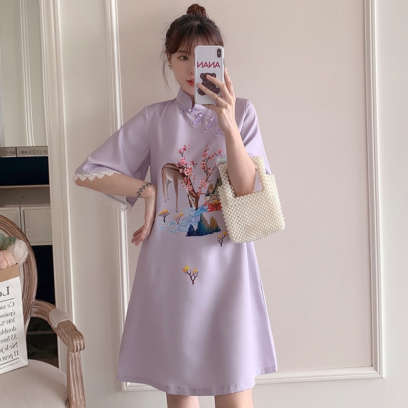 Plus Size M-4XL Year Purple Loose Modern Cheongsam Dress Women Short Sleeve Qipao Traditional Chinese Clothes