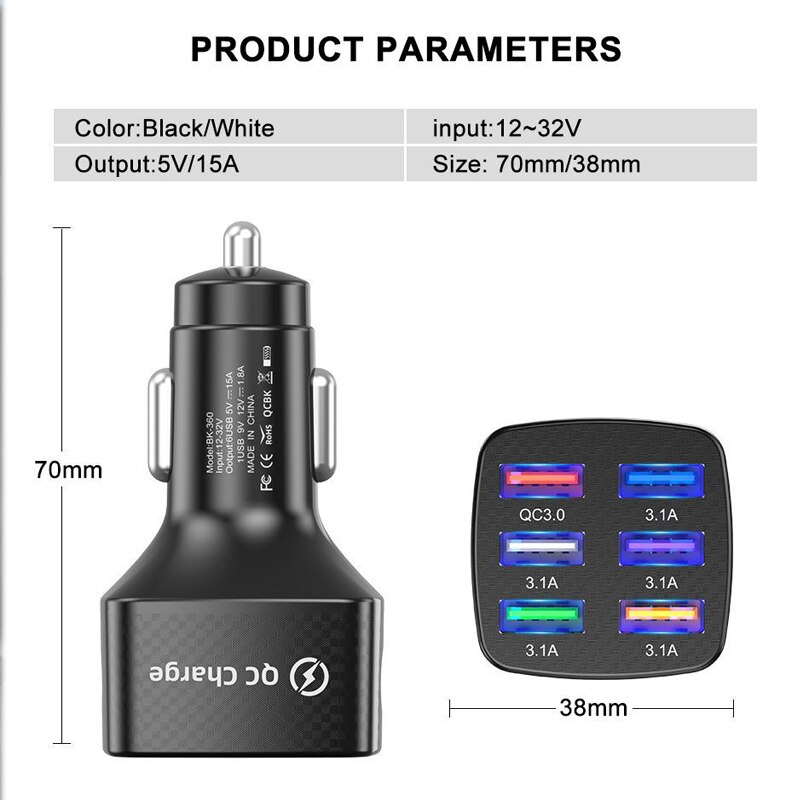 Usb Car Charger for Cigarette lighter 75W Fast car Charger for iPhone 13 12 11 pro max mini Samsung Xiaomi mobile phone