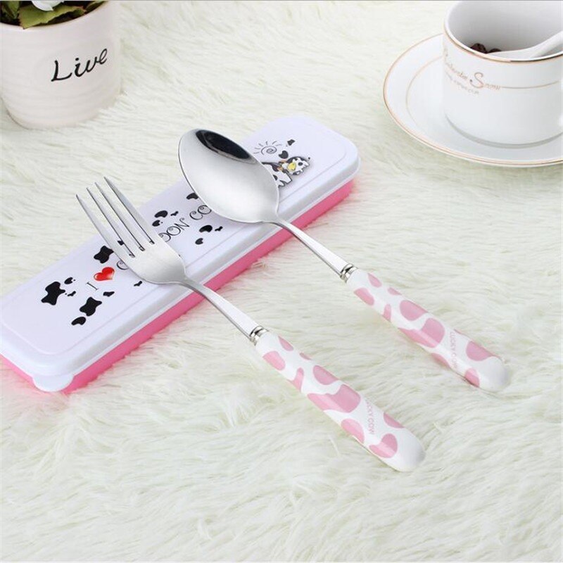 Baby kinderen schattige vork lepel bestekset cartoon keramische handgreep roestvrij staal kinderen eetstokjes vork bestek draagbaar servies: Roze 2 stuks