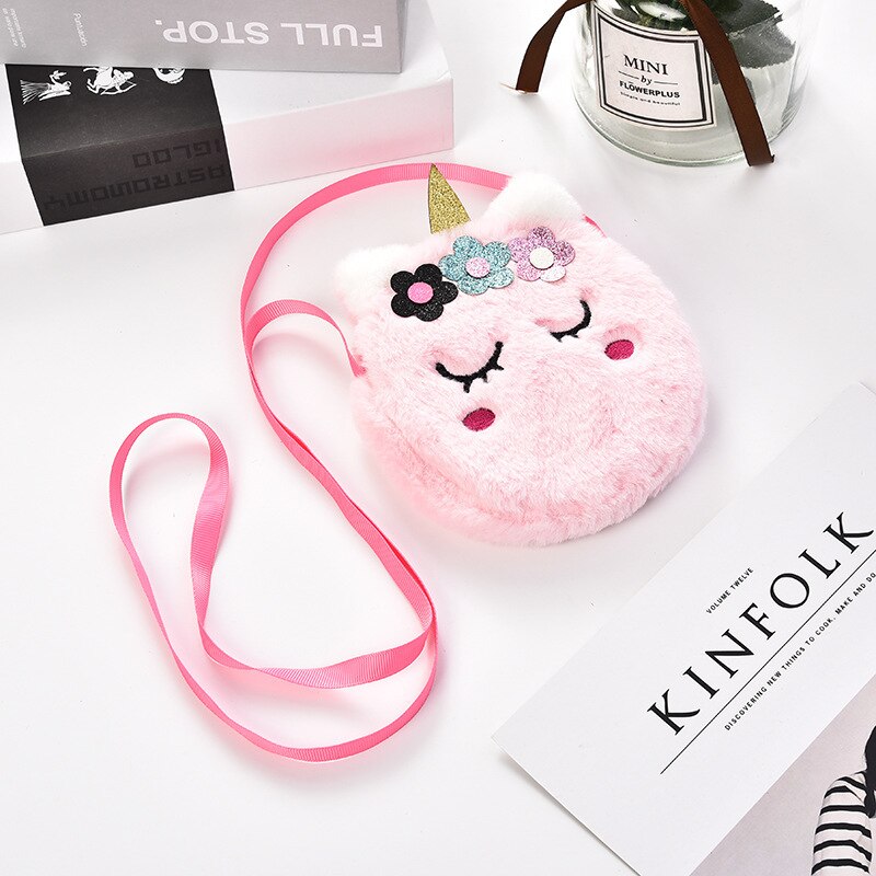 FUDEAM borsa portamonete per bambini unicorno morbido peluche simpatico cartone animato animale borsa a tracolla per bambini borsa da viaggio Mini Messenger femminile: Round Pink