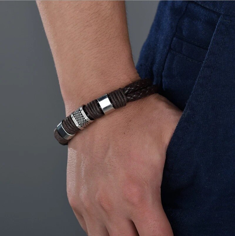 Woven Bracelet Men's Leather Zinc Alloy Magnetic Buckle PU Jewelry