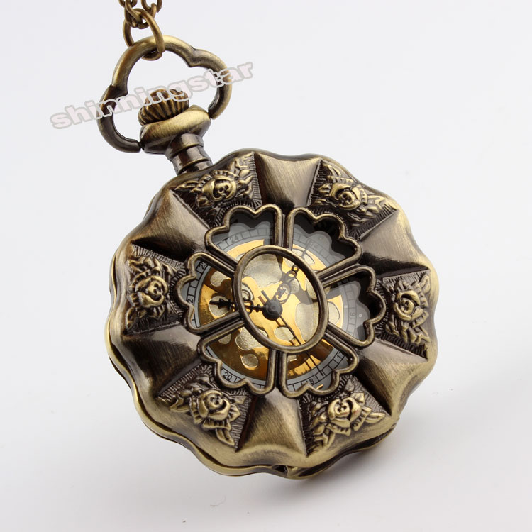 Vintage brons solros helstål steampunk fickur ihåligt analogt skelett herr fickur för dam  p50