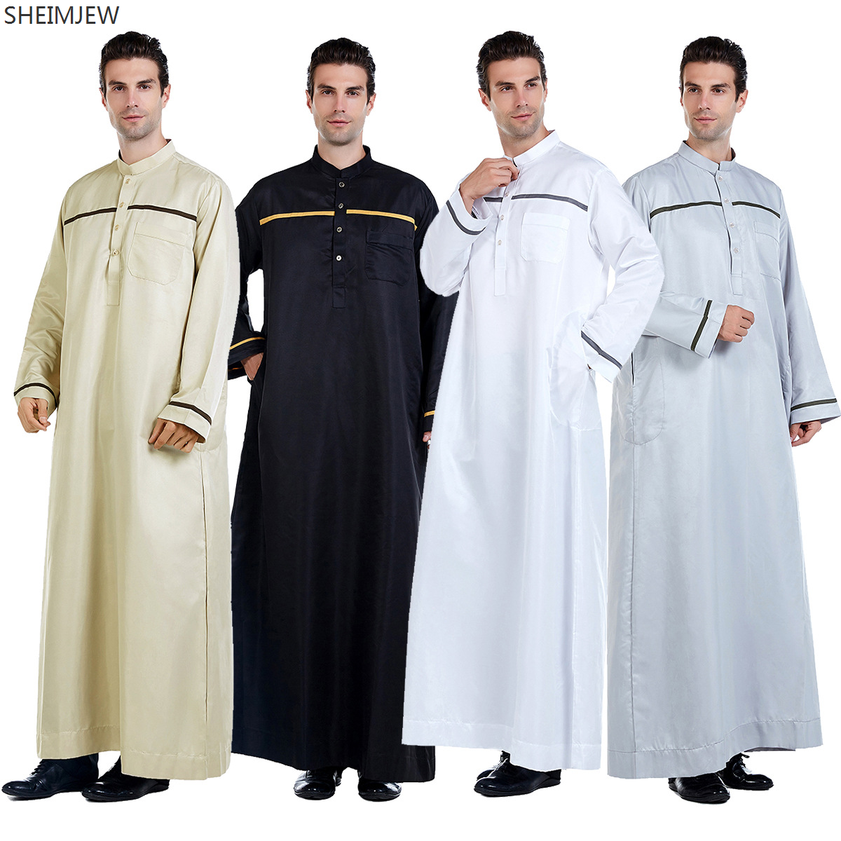 Ramadan thobe para homem muçulmano gola manga longa roupa arábia saudita islâmica poliéster robe maxi-muslim huui dubai abaya