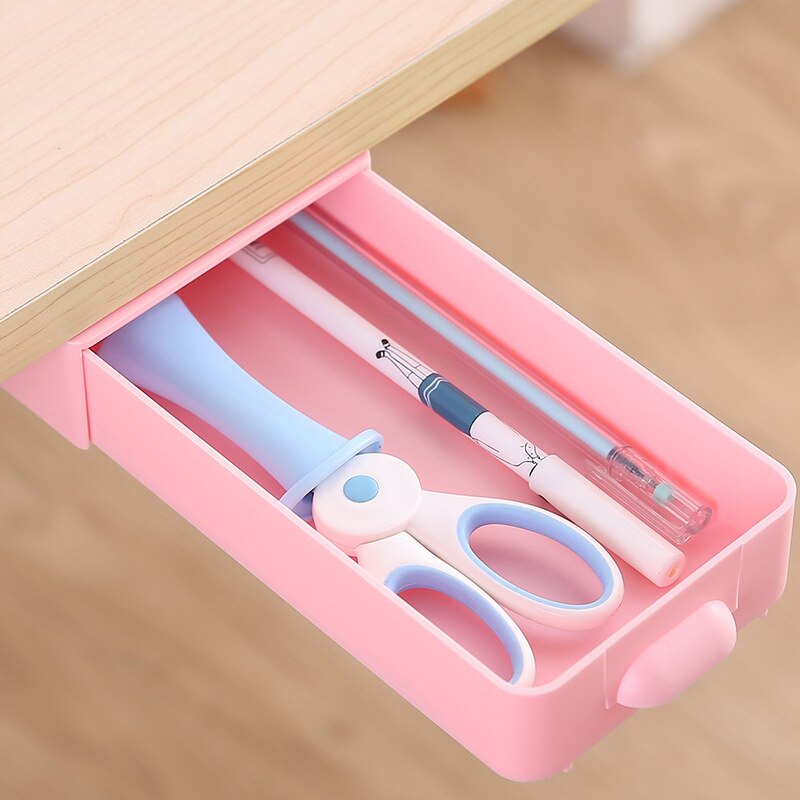 Wall-mounted Hidden Table Under Paste Desk Drawer Organizer Pen Stationery Storage Box Case Desk Drawer Box Kitchen Cocina: pink