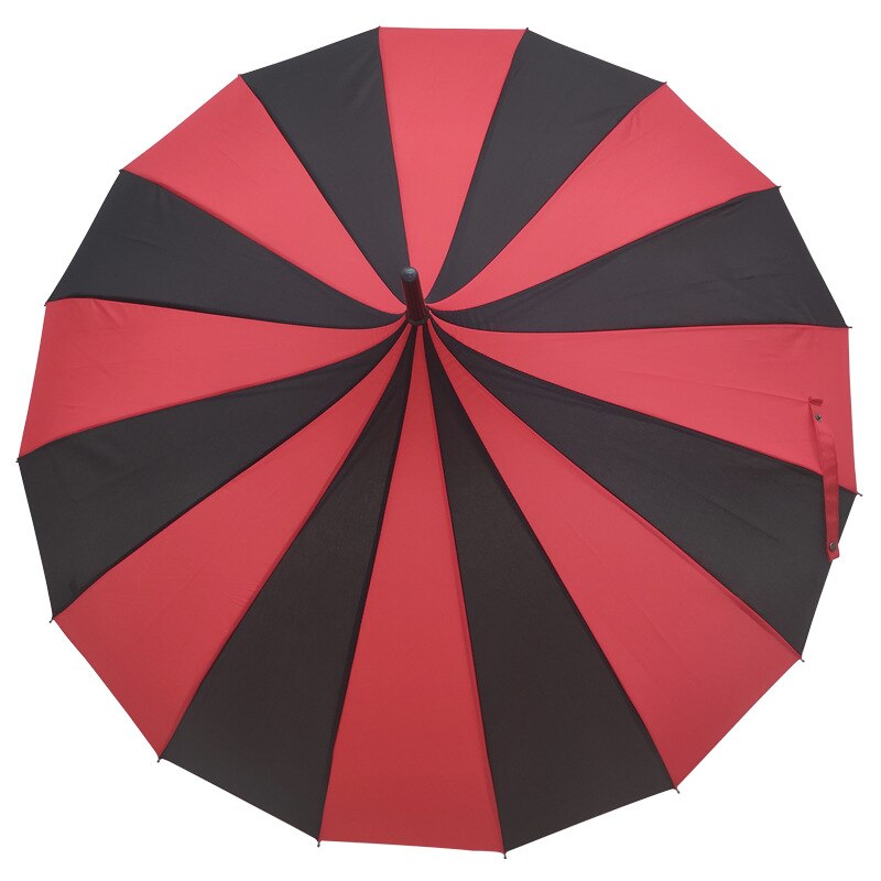 Mænds sort og hvid stribet pagode paraply 16 knogler lige langt håndtag paraply kvinder solrig og regn paraply: Rødlig sort