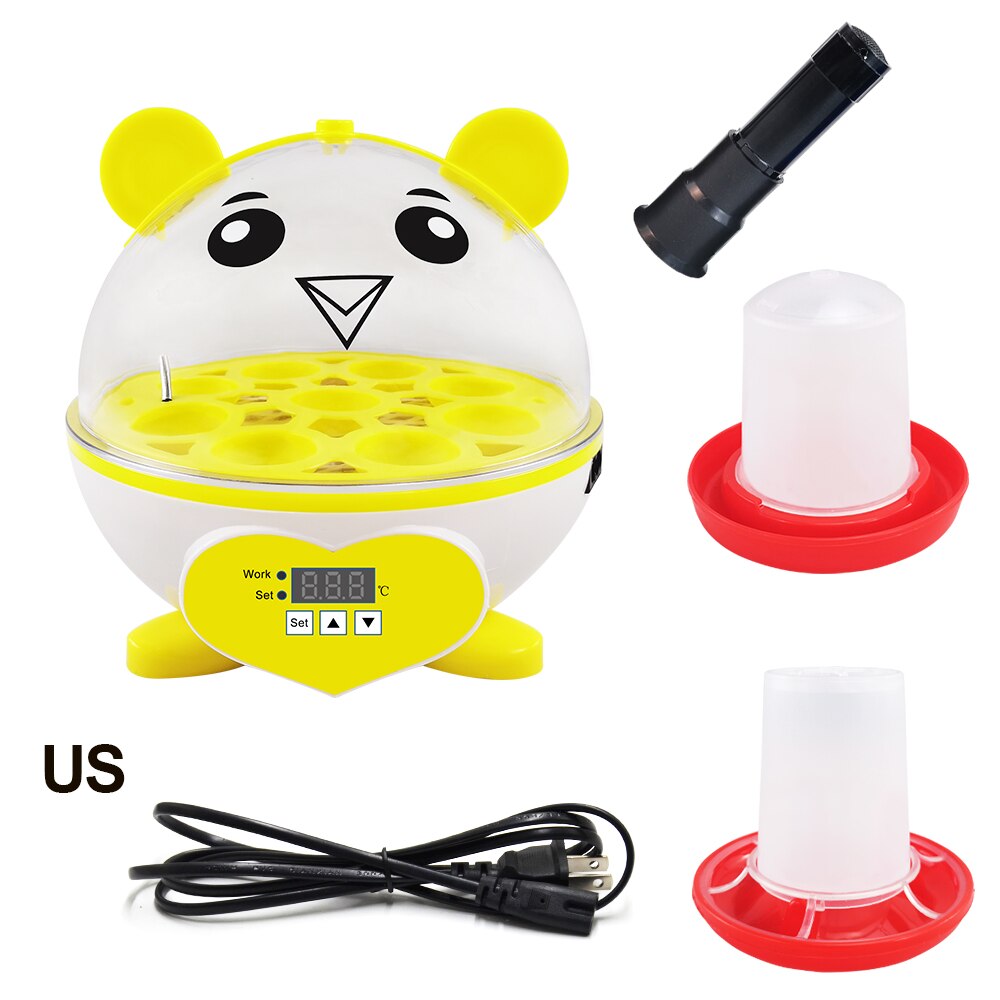 Cute Mini 9 Eggs Incubator Sets Incubation Brooder Egg Tester Chicken Duck Quail Birds Animal Egg Incubator Feeders: US PLUG-YELLOW
