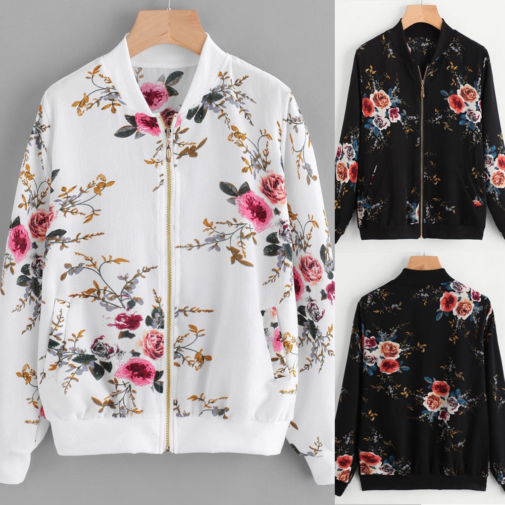 2021 newwomens retro floral impressão zíper up bomber jaqueta casaco casual outwear bk/tiro salehigh qualidade