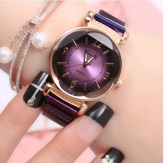 Luxe Mode Vrouwen Horloge Geometrische Romeinse Cijfer Quartz Dameshorloge Magneet Gesp Mesh Band Horloge Goud Reloj Mujer: Paars