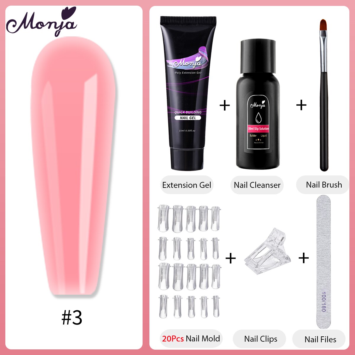 Monja 6 Stks/set Nail Art Uitbreiding Kit Acryl Uv Gel Nail Files Nail Mallen Builder Schilderen Borstel Anti Oplossing Diy manicure Set: 3